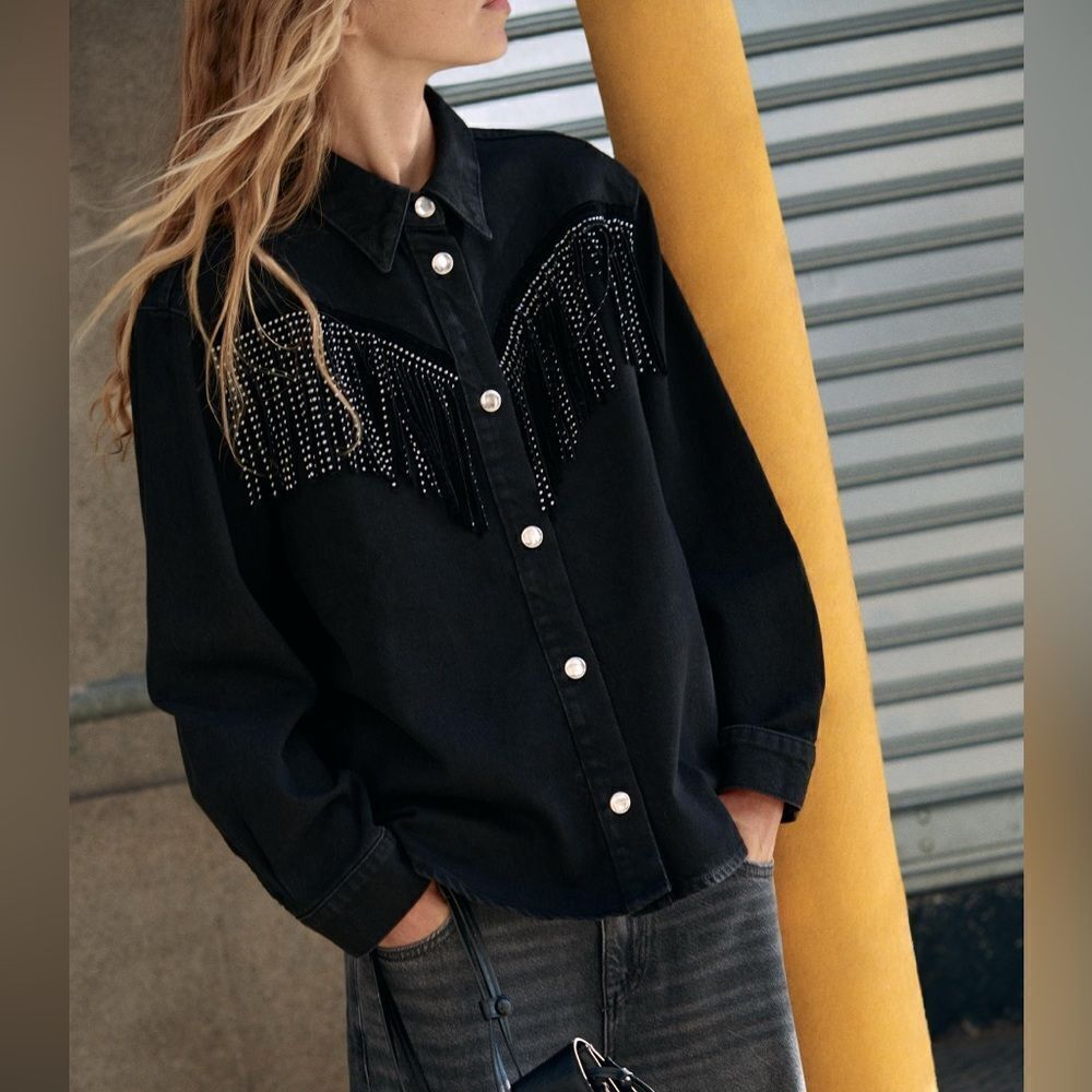 ZARA STUDDED FRINGED DENIM JACKET Z1975